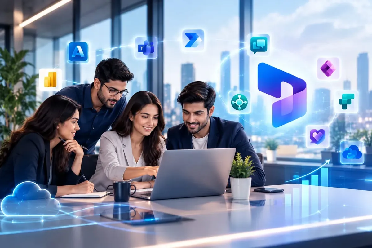 Team working at laptops with floating application icons representing AI assistance