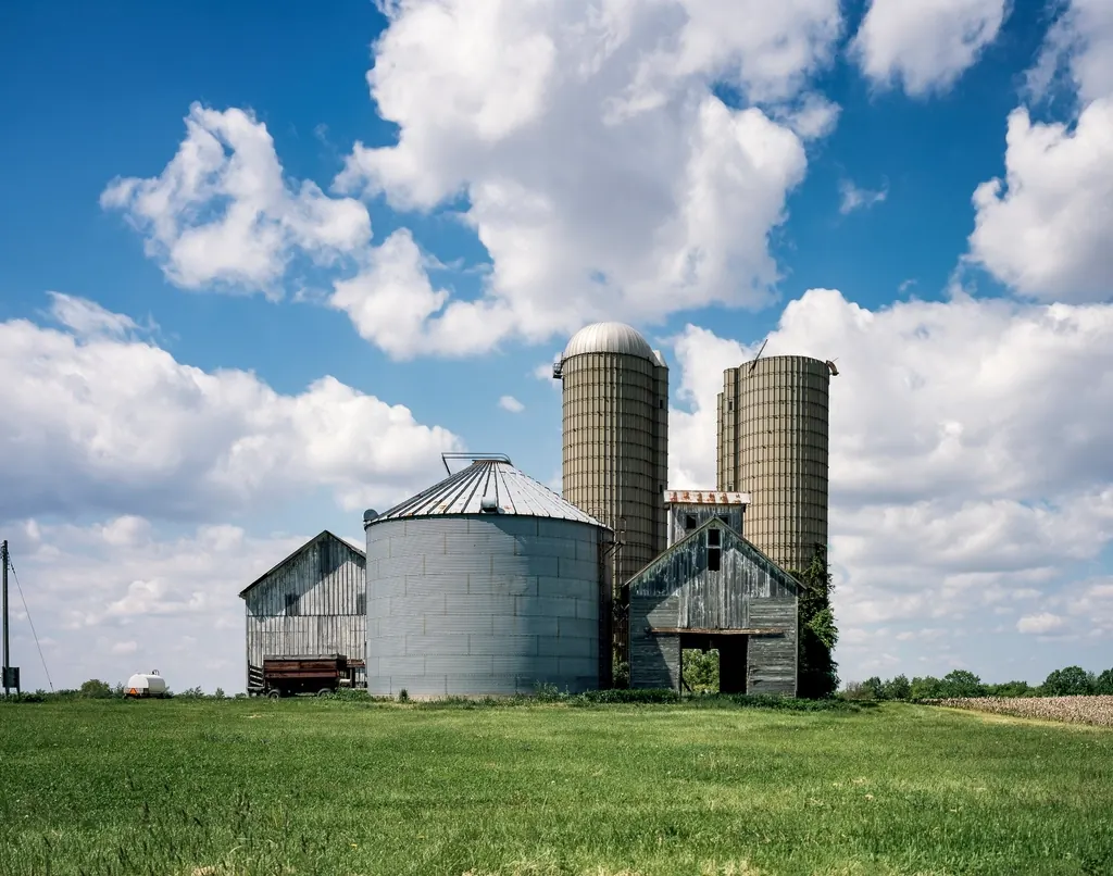 Barn and grain silos on a farm under a cloudy sky