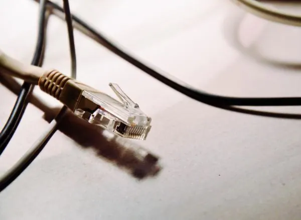 Close-up of a black ethernet cable with an RJ45 plug