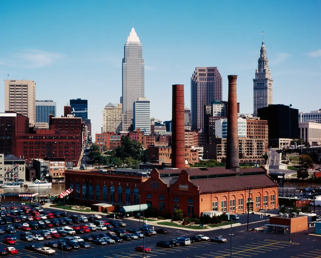 Downtown Cleveland skyline and waterfront buildings seen from above