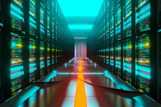 Rows of servers in a cloud data centre lit in blue