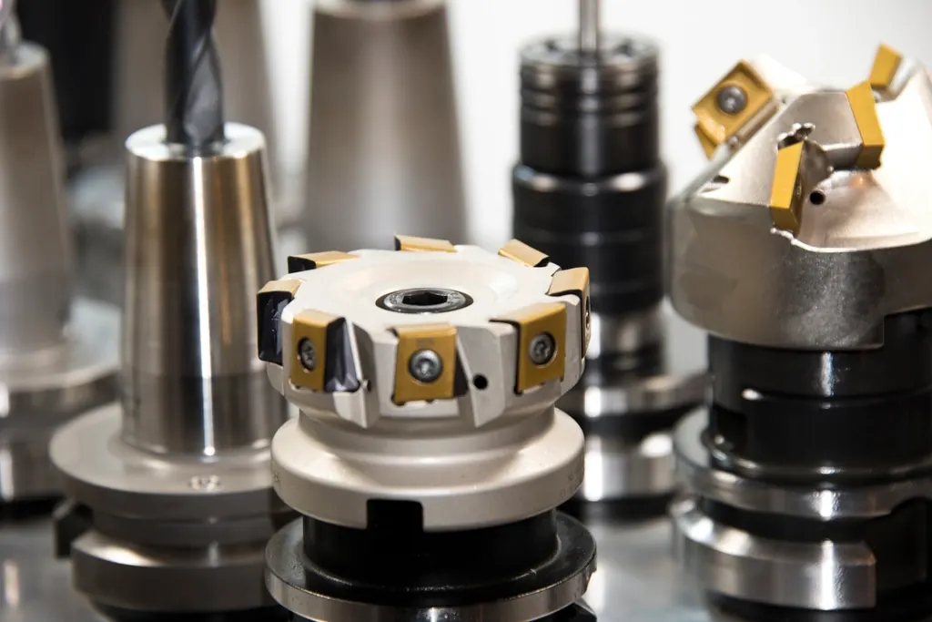 Close-up of CNC milling cutters and tool holders