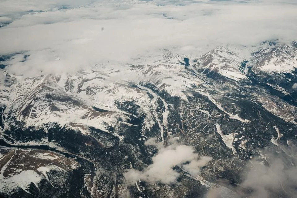 Snow-covered Colorado Rocky Mountains seen from above