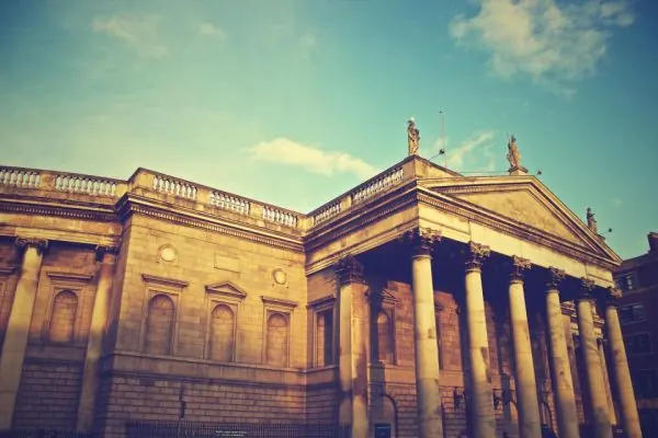 Columned stone bank building facade
