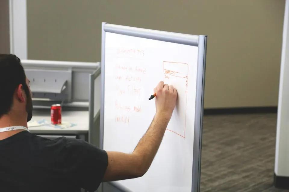Consultant writing a plan on a flip chart in an office