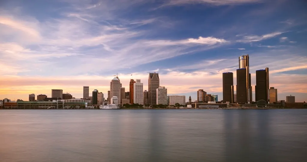 Detroit Renaissance Center towers and skyline seen across the Detroit River