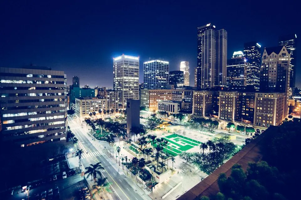 Downtown office towers and city lights at night