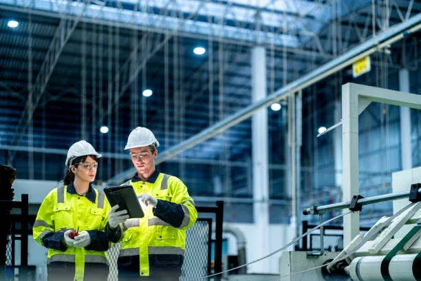 Two engineers in safety gear inspecting equipment in a plant
