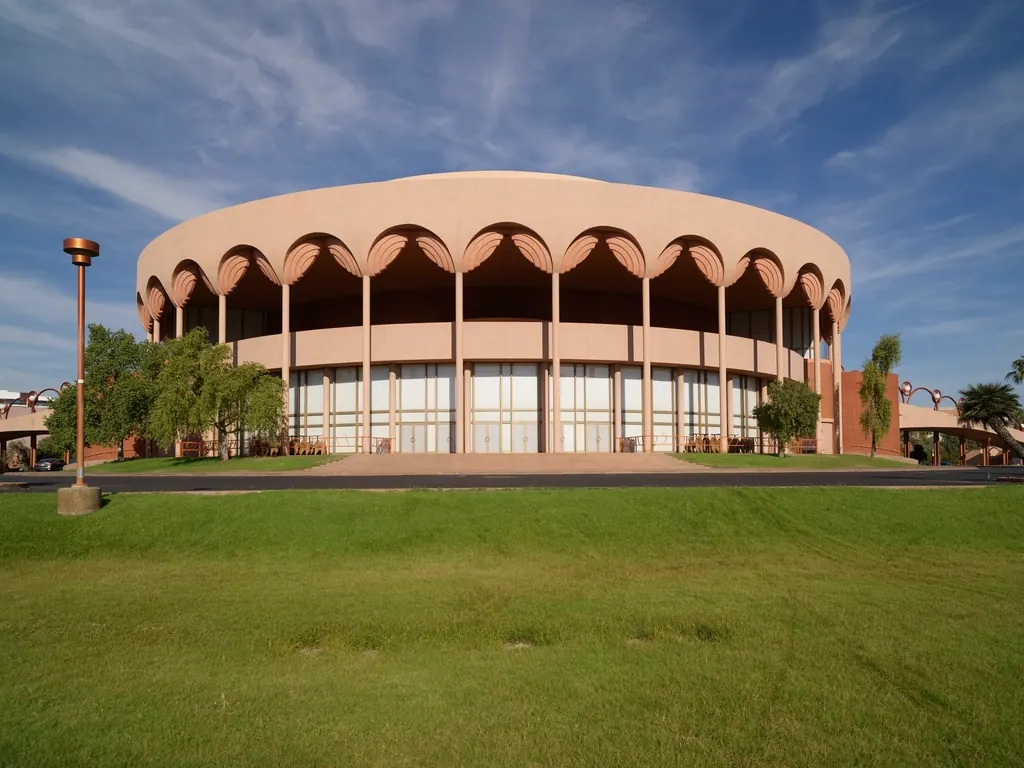 Gammage Auditorium in Tempe, Arizona, under a blue sky