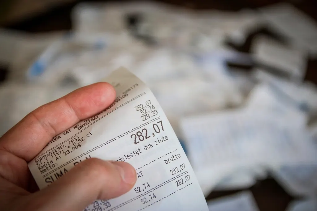 Hand holding a printed store receipt