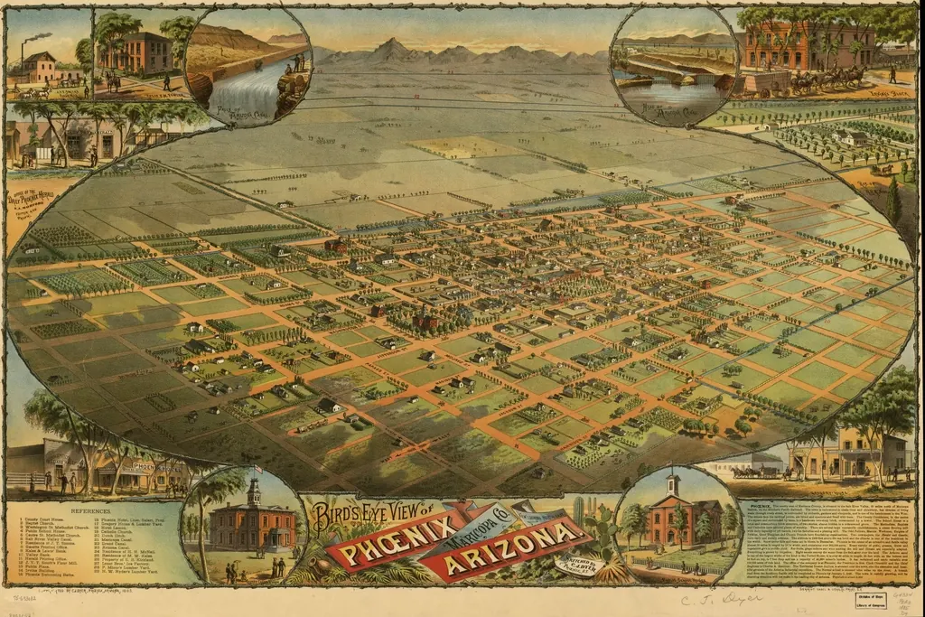 Historic bird's-eye view map of Phoenix, Arizona