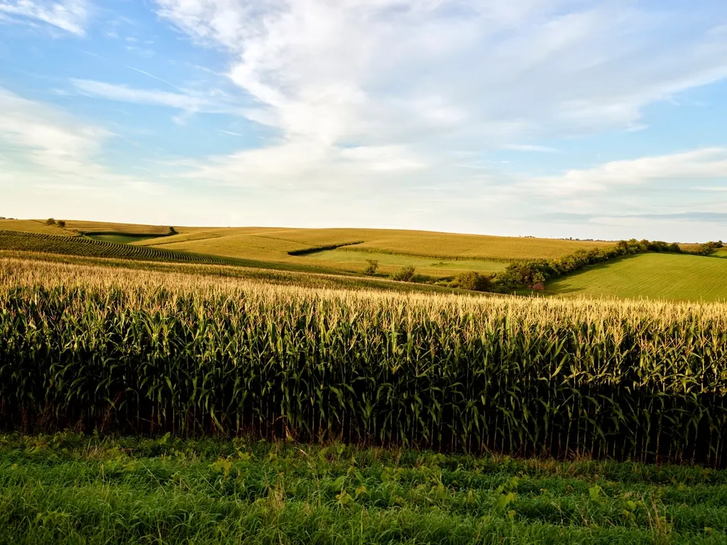 Red barn beside a tall Iowa cornfield in summer