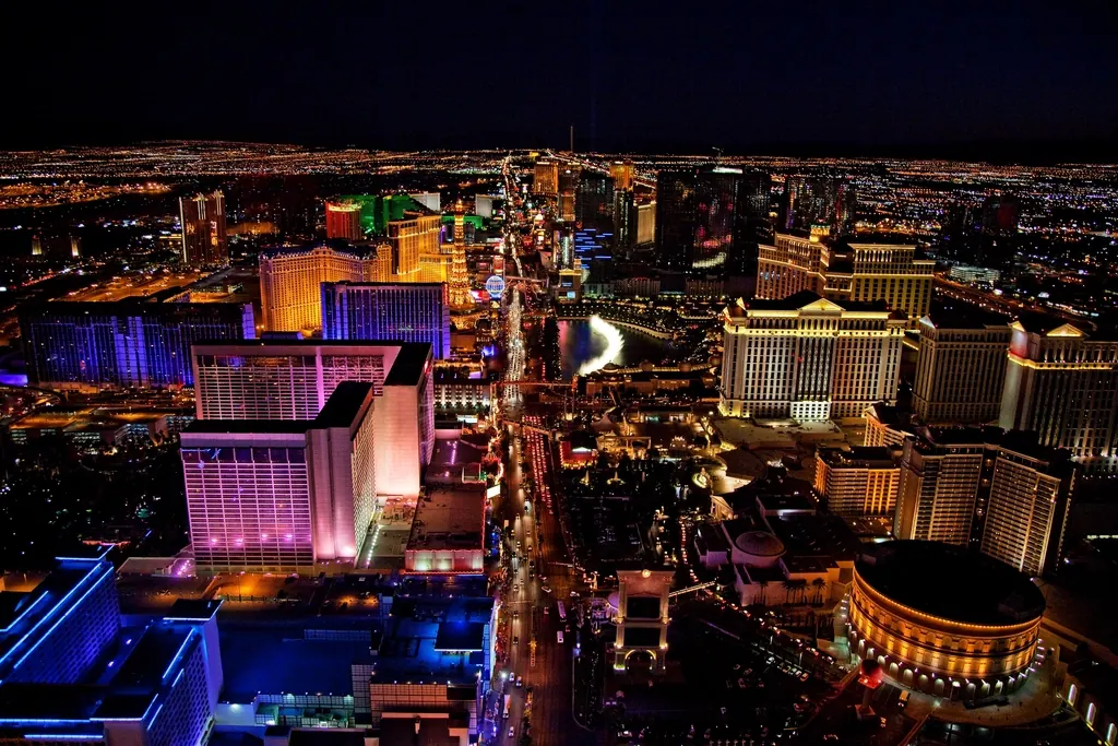Las Vegas Strip resorts and signs lit up at night