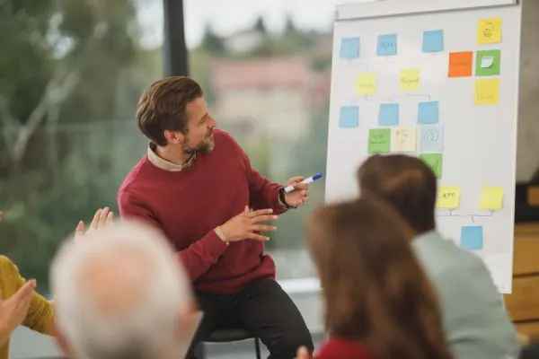 Man in a red sweater leading a team discussion by a planning board