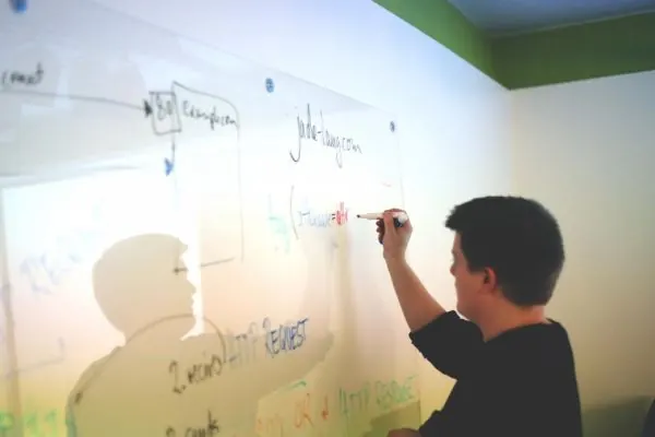 Man writing a plan on a large office whiteboard