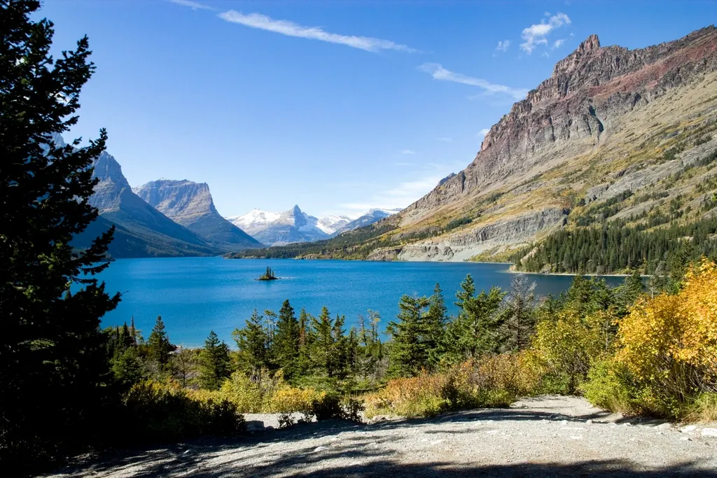 Snow-capped peaks and a valley in Glacier National Park, Montana