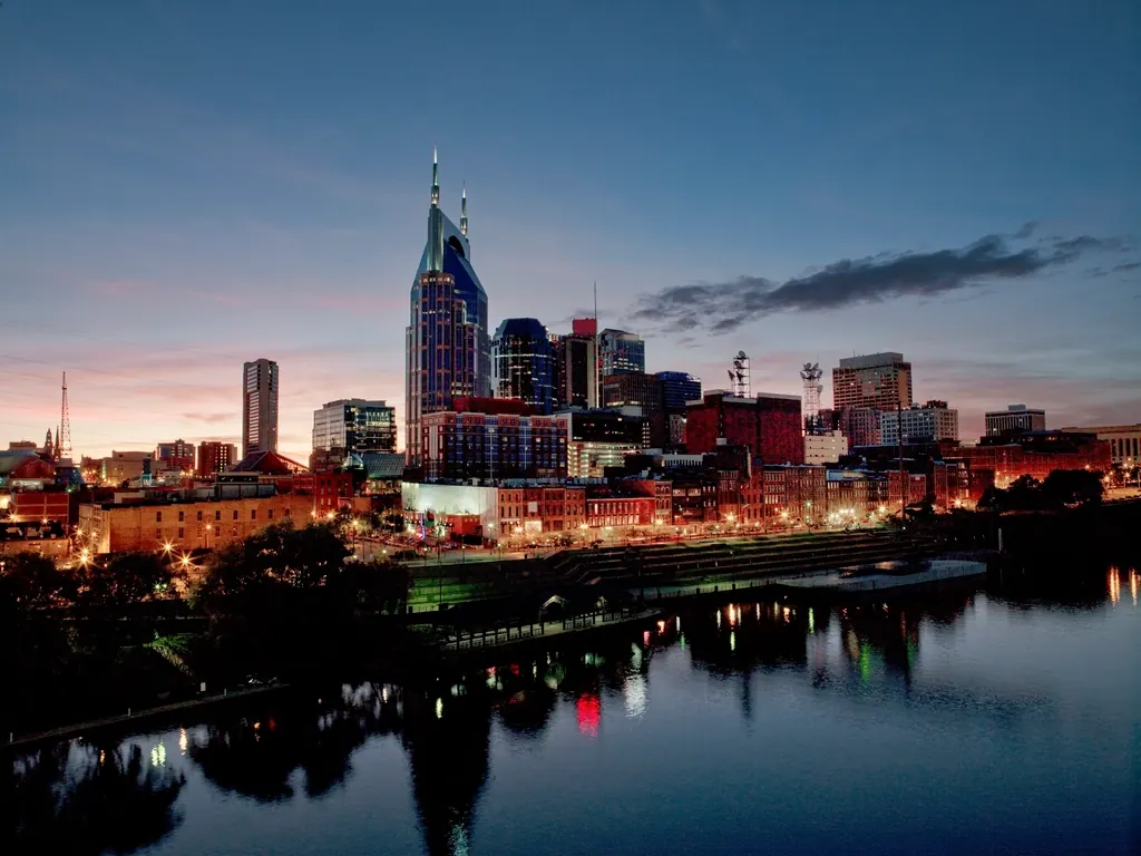 Nashville skyline reflected in the Cumberland River at dusk