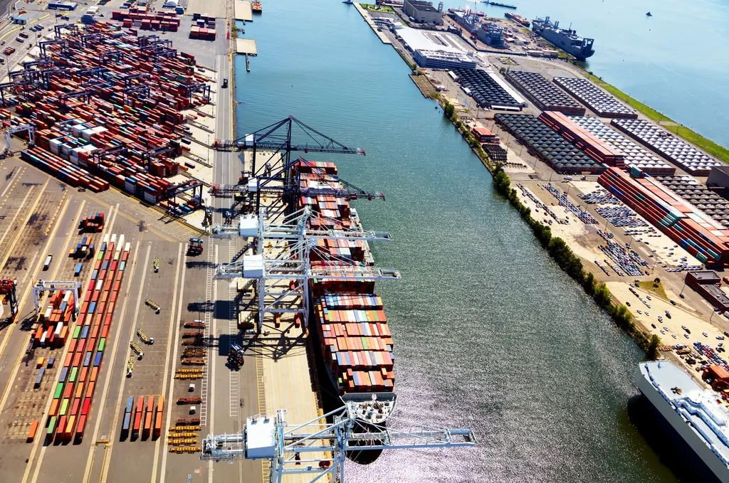 Container terminals and cargo ships along a New Jersey port channel