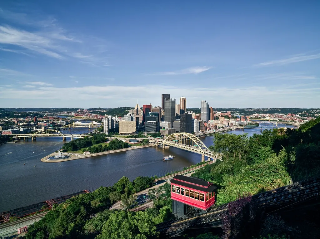 Pittsburgh skyline and river seen from a hillside above the city