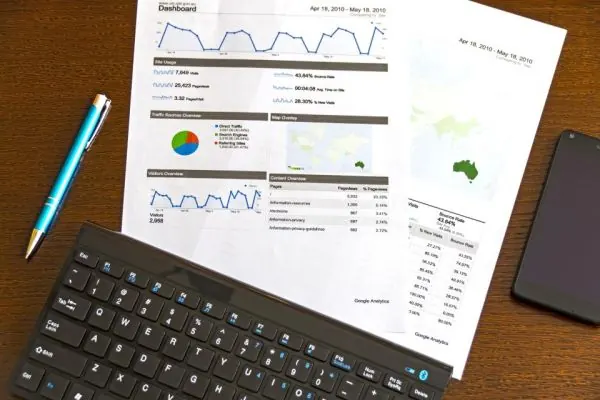 Printed analytics report with charts beside a keyboard