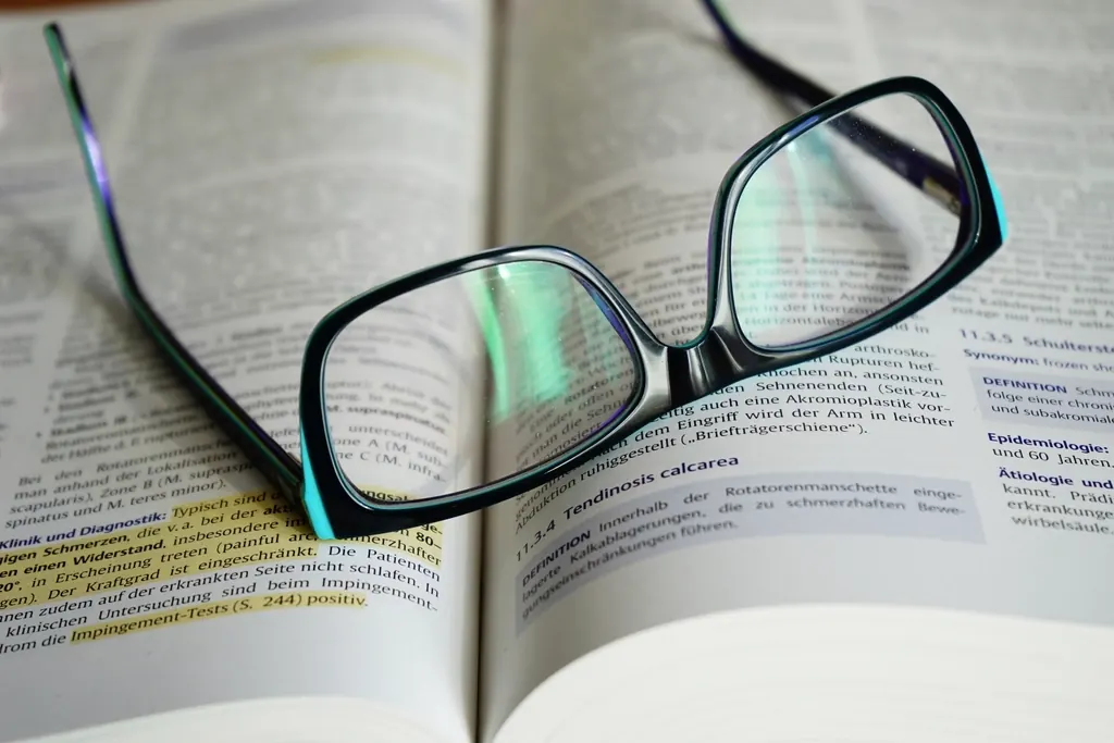 Reading glasses resting on an open book