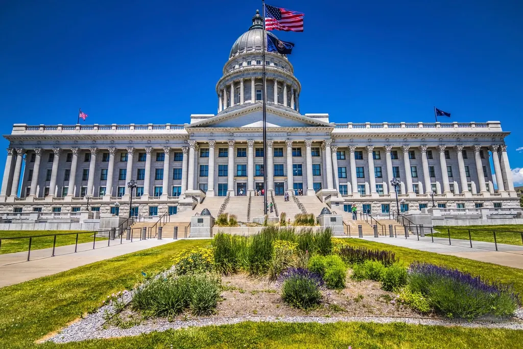 Utah State Capitol building in Salt Lake City under a blue sky