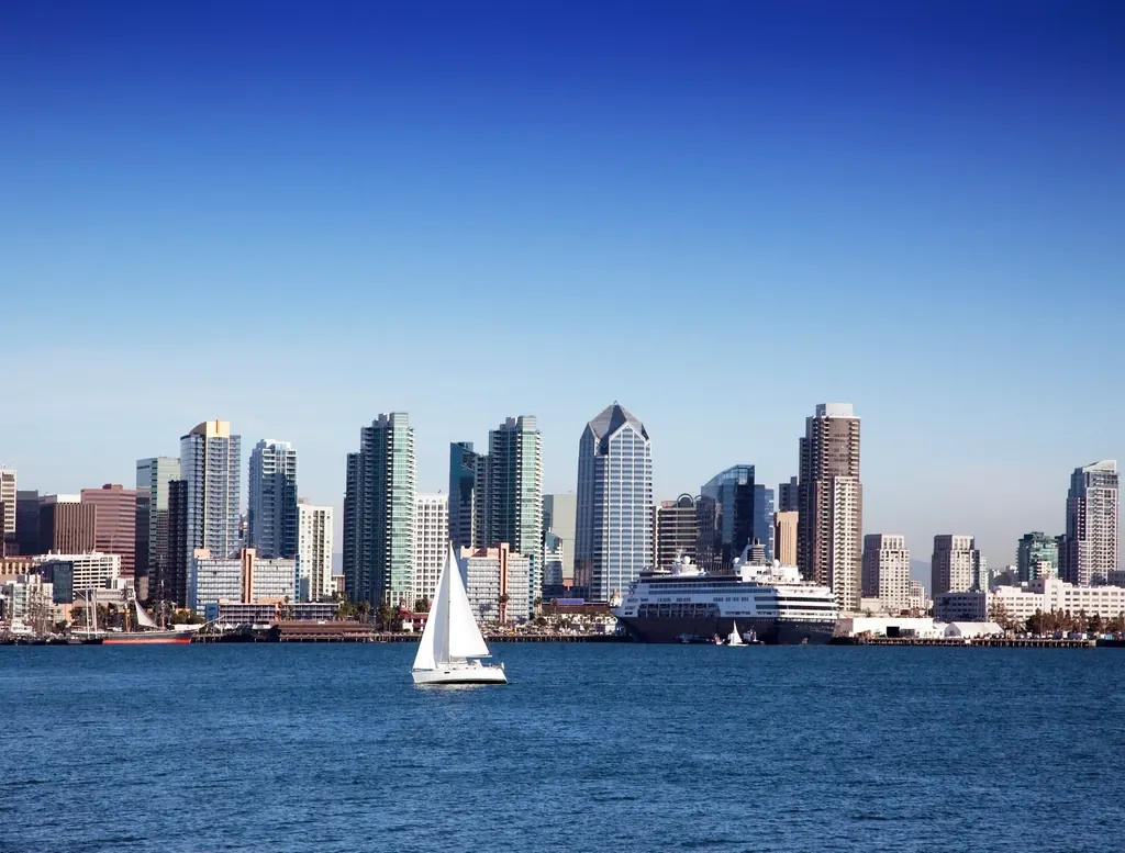 San Diego harbor and downtown skyline at sunset