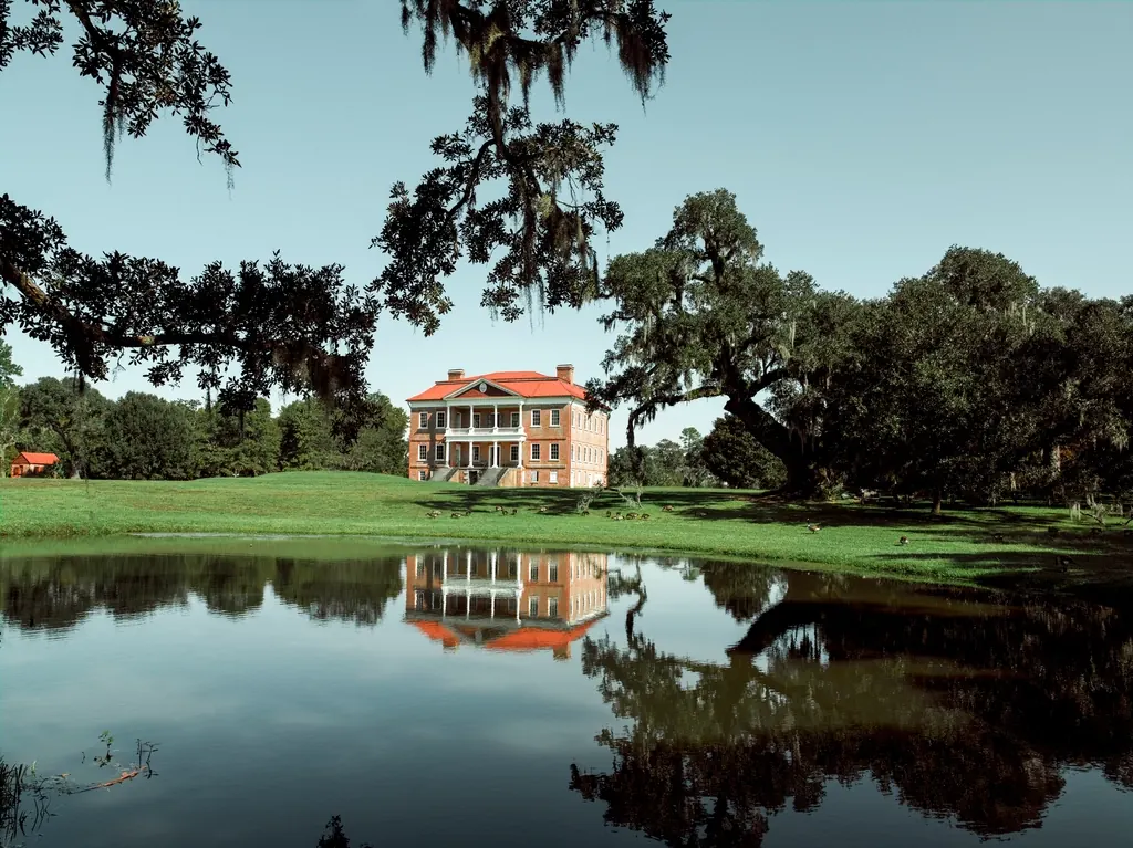 A historic plantation house among live oaks in South Carolina