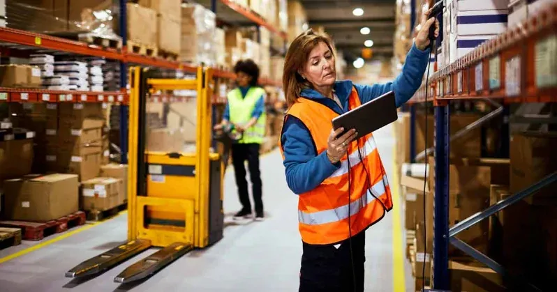 Forklift and workers moving stock in a busy warehouse