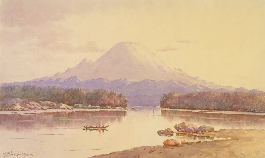 Painting of Mount Rainier above a lake in Washington state
