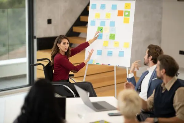 Woman pointing at a planning board during a team meeting