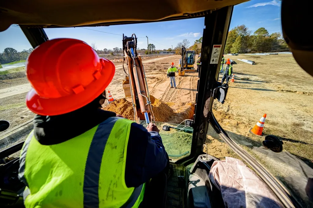 Worker in a red hard hat and safety vest on a job site